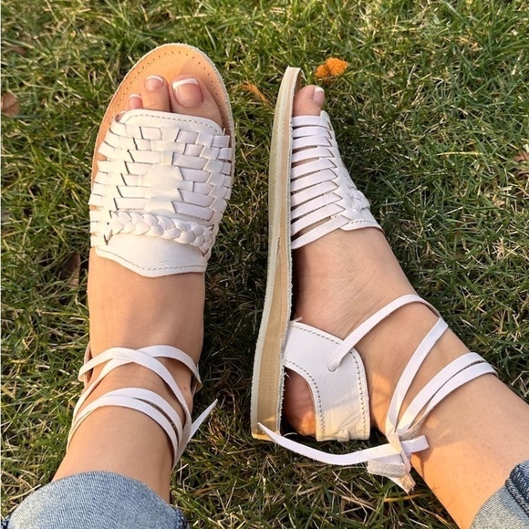 Shoes - WOMEN’S white leather ankle wrap huarache sandals